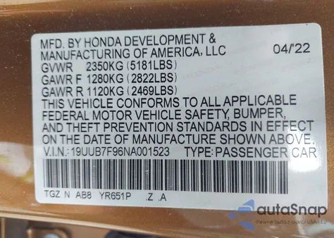 2022 Acura Tlx Type S - Hp Wheel And Tire z USA, uszkodzony, nr VIN 19UUB7F96NA001523